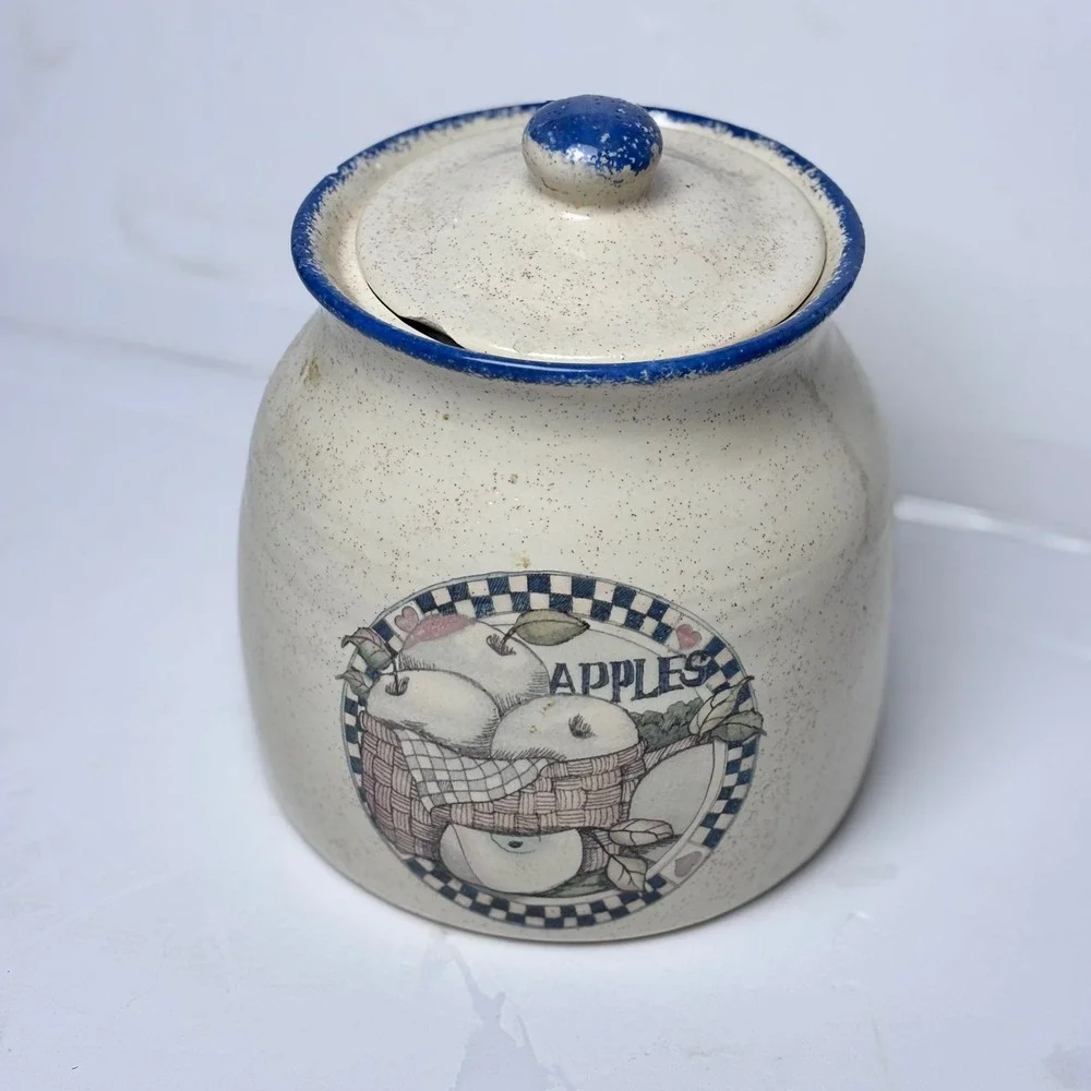 Vintage Style Speckled Stoneware‎ Apple Cookie Jar Canister Farmhouse Blue Cream